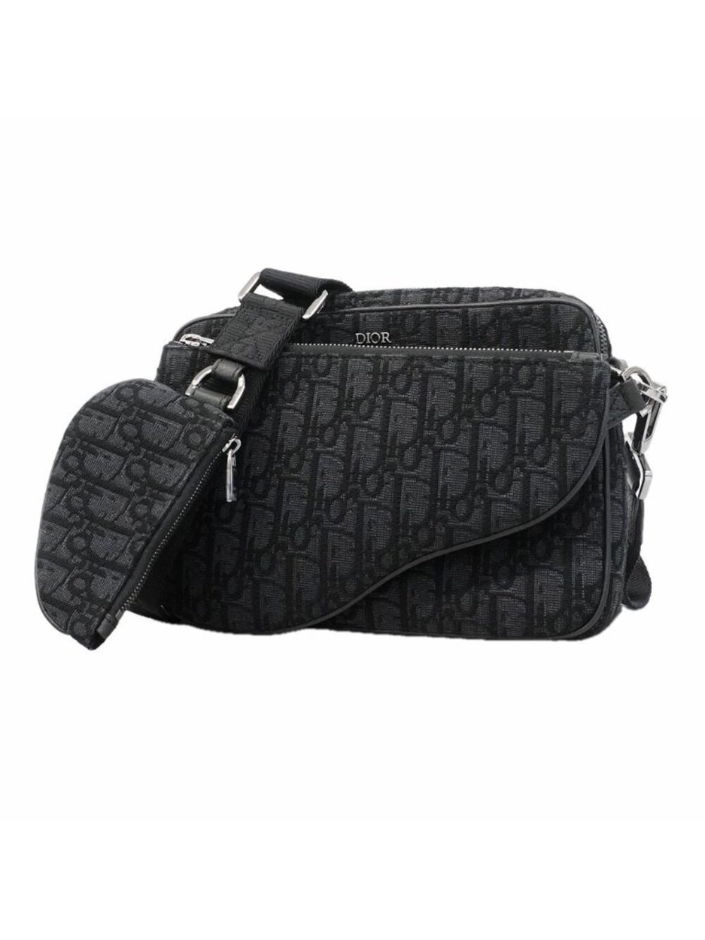 Dior Shoulder Bag Oblique Saddle Canvas Black Silver